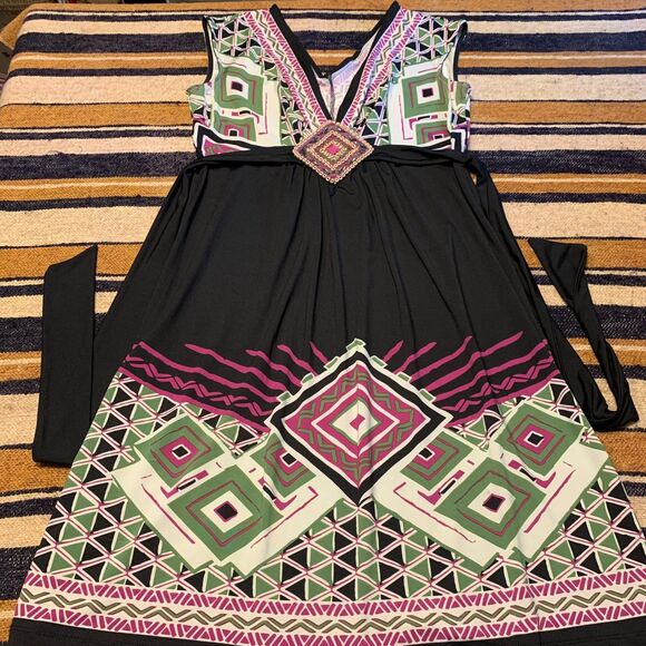Vintage Flowy Stretch Dress Y2K Embellished Geometric Tribal V-Neck Pattern Midi - Picture 1 of 6